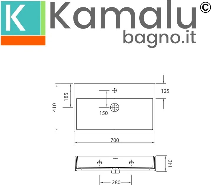 Lavabo sospeso 70 cm squadrato in ceramica bianca | Litos-DF70 - KAMALU