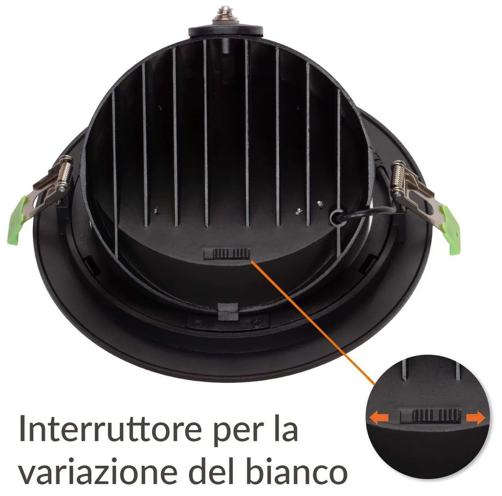 Faro LED Incasso 42W Nero Orientabile Foro Ø210mm con driver Philips Colore Bianco Variabile CCT