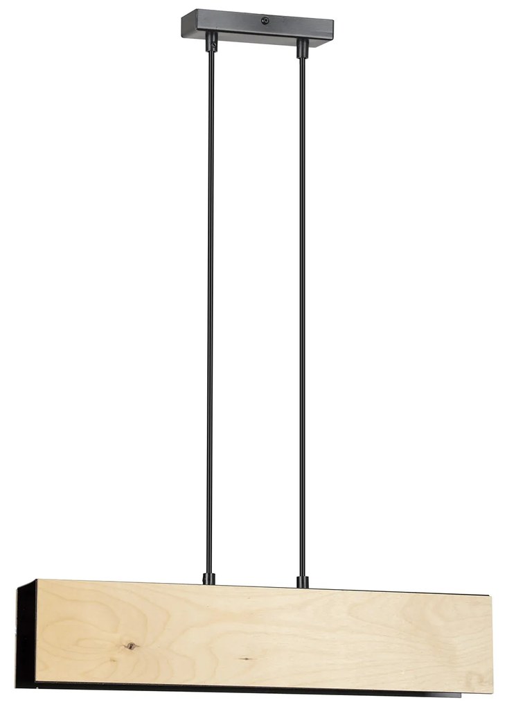Lampadario 2 Luci Merlino In Acciaio Nero Corpo Rettangolare E Legno Naturale