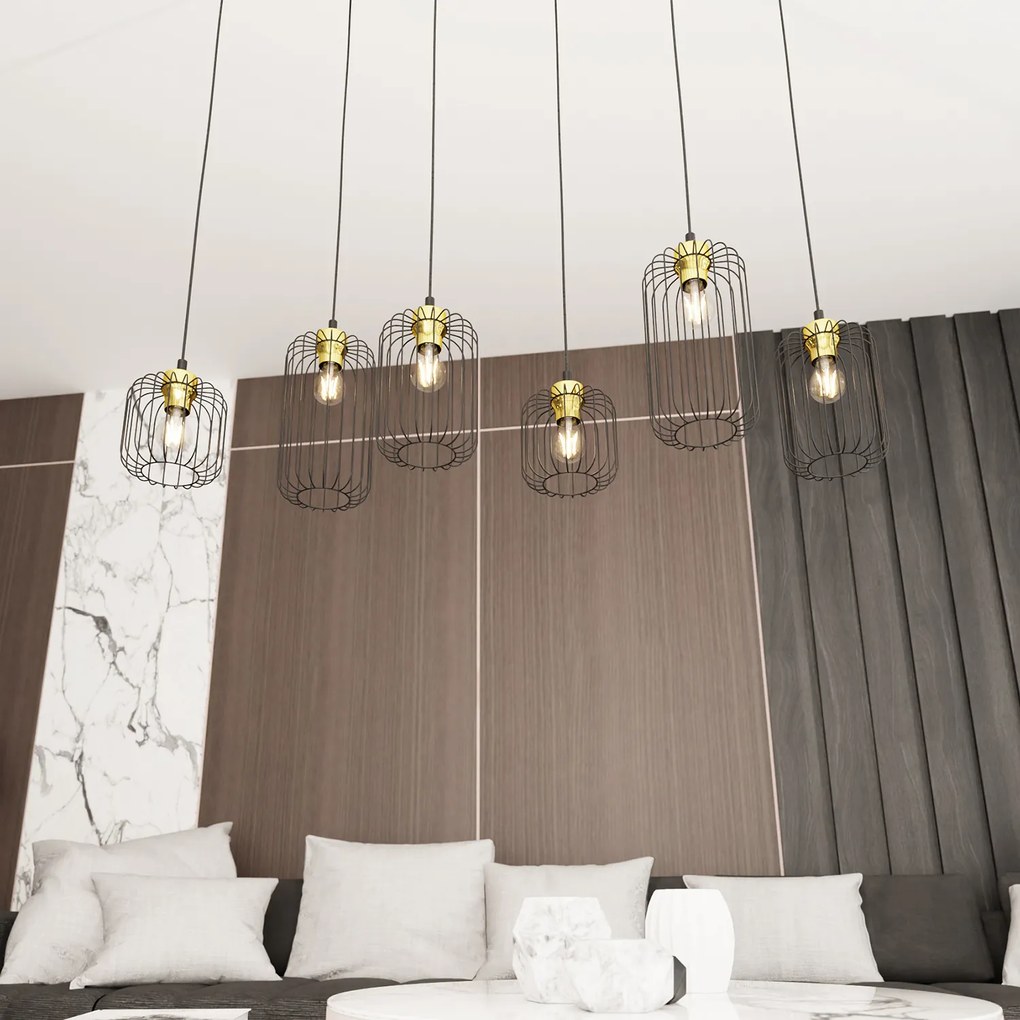 Sospensione Minimal Industrial Minerva 6 Luci Lineari Nera E Oro