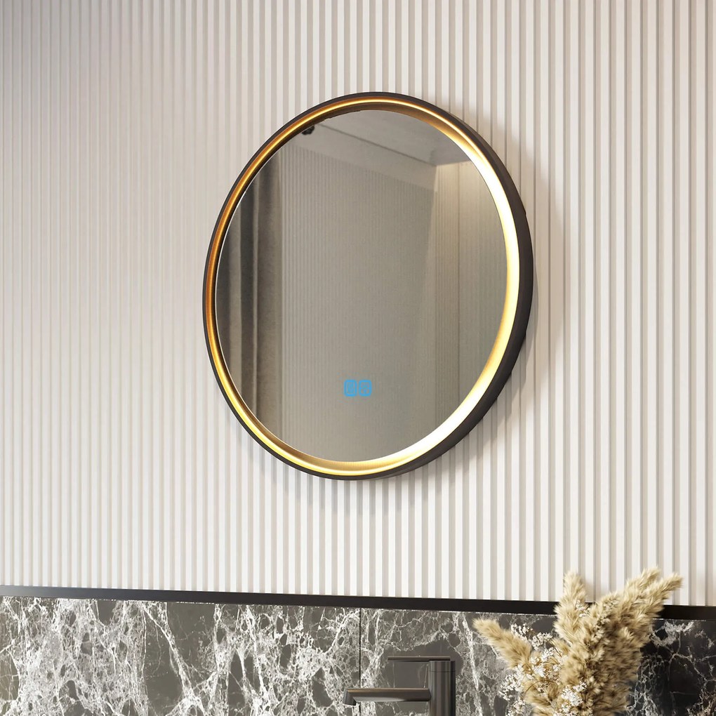 Specchio rotondo con cornice in metallo e illuminazione LED