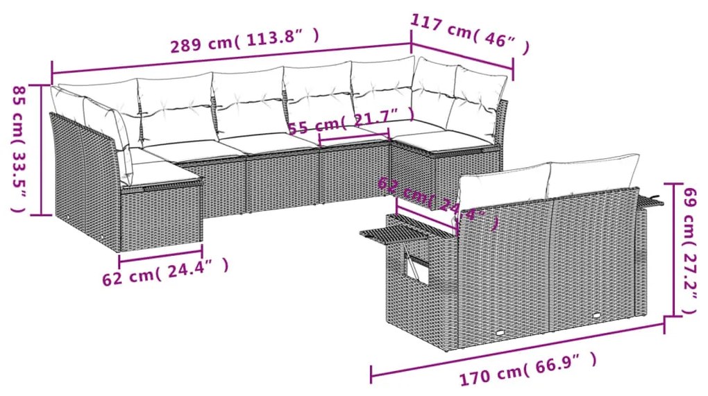 Set divani da giardino 9 pz con cuscini nero in polyrattan