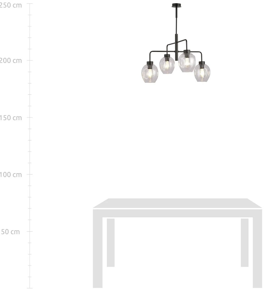 Lampadario Moderno 4 Luci Auriga In Accaio Nero E Vetro Trasparente