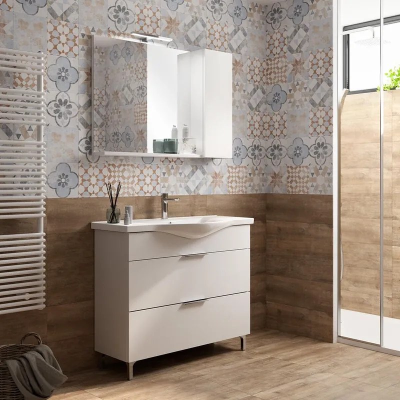 Mobile bagno da terra con lavabo e specchio L 100 x H 75 x P 46 cm bianco opaco 2 cassetti per vasca centrale Jnka