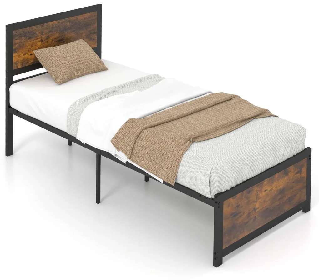 Costway Telaio letto singolo con testiera alta doghe in metallo e barre silenziose, Letto in metallo 205x91x104cm