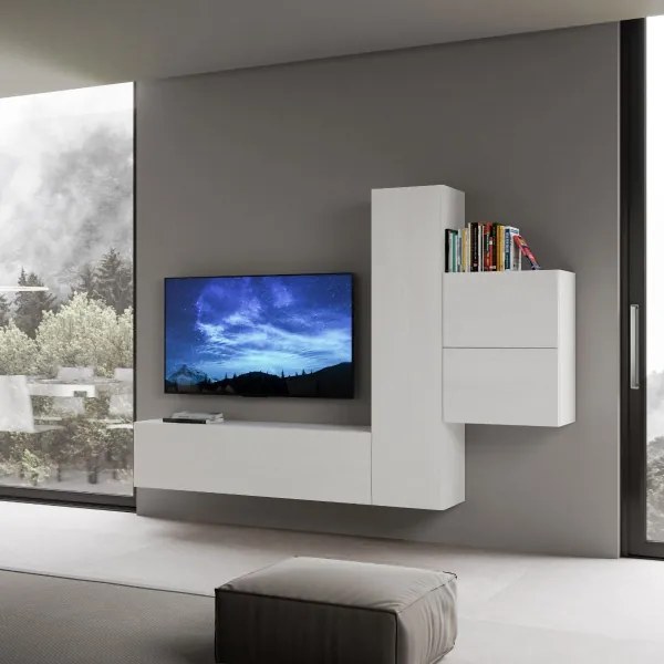 Parete da soggiorno Isoka A17 L.254 H.174 P.39,5 Bianco