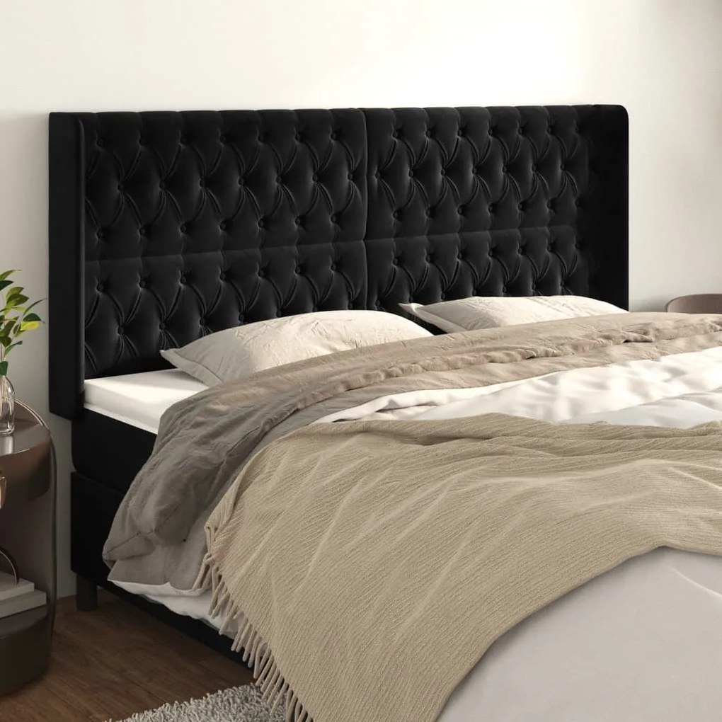 Testiera Ad Orecchio Nera 203x16x118/128 Cm İn Velluto /