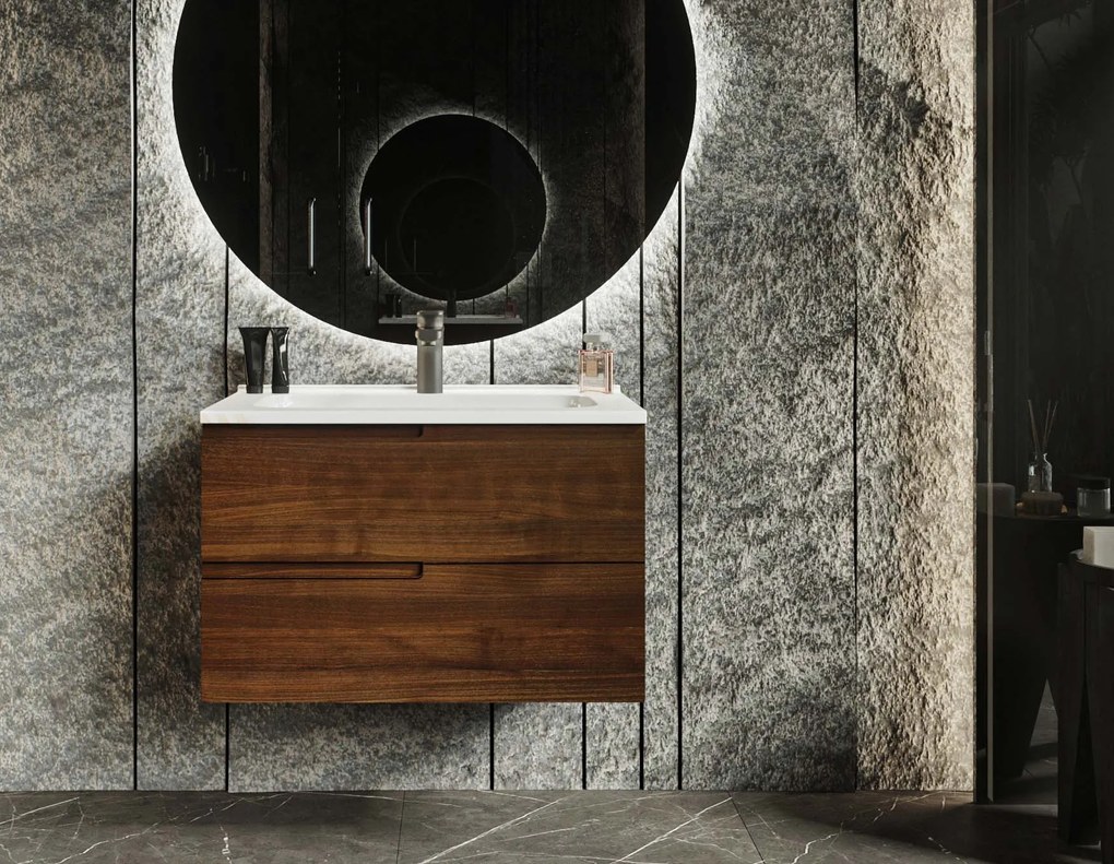 Mobile bagno noce 70x46 Sorrento due cassetti con maniglia sinistra e lavabo in ceramica