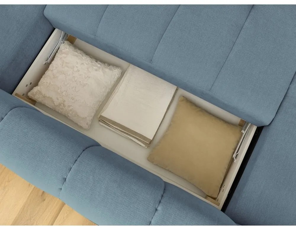 Divano angolare blu allungabile e con contenitore (penisola a destra/a U) con rivestimento in ciniglia Fuji – Bobochic Paris