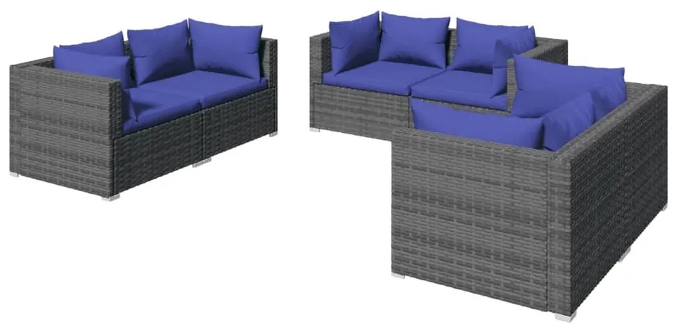 Set divani da giardino 6 pz con cuscini in polyrattan grigio