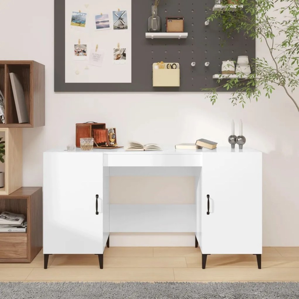 Scrivania Bianco Lucido 140x50x75 Cm İn Legno Multistrato /