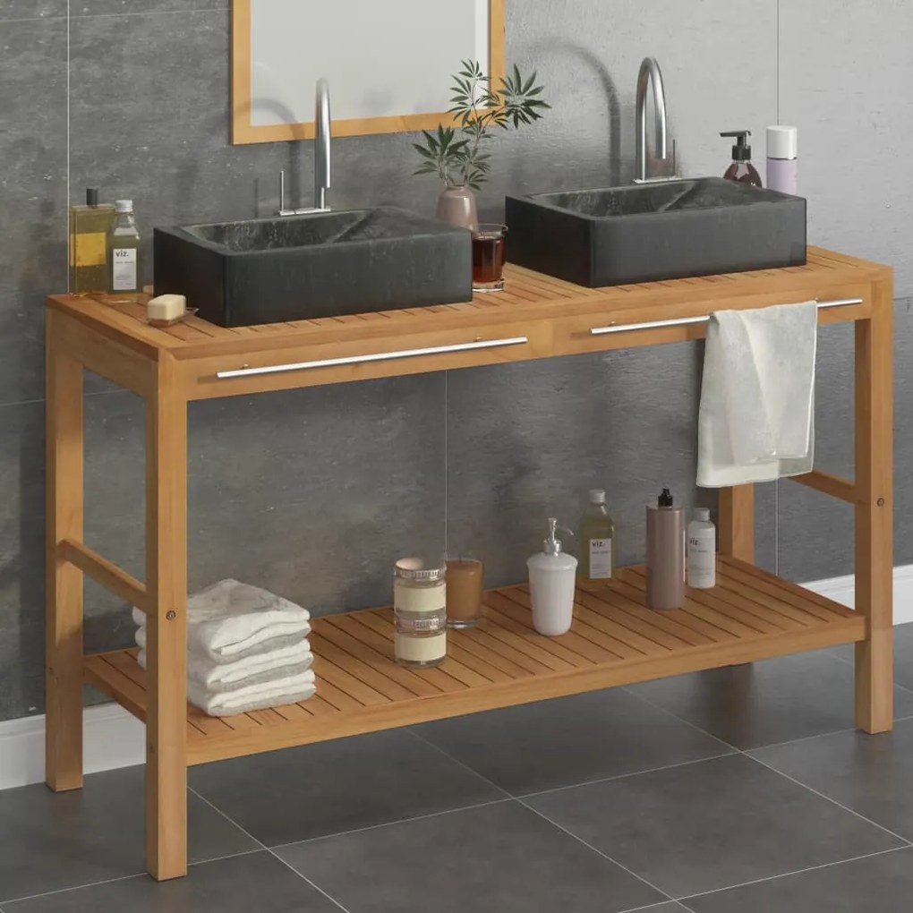 Armadietto Da Bagno İn Legno Di Teak Con Lavabi İn Marmo Nero /