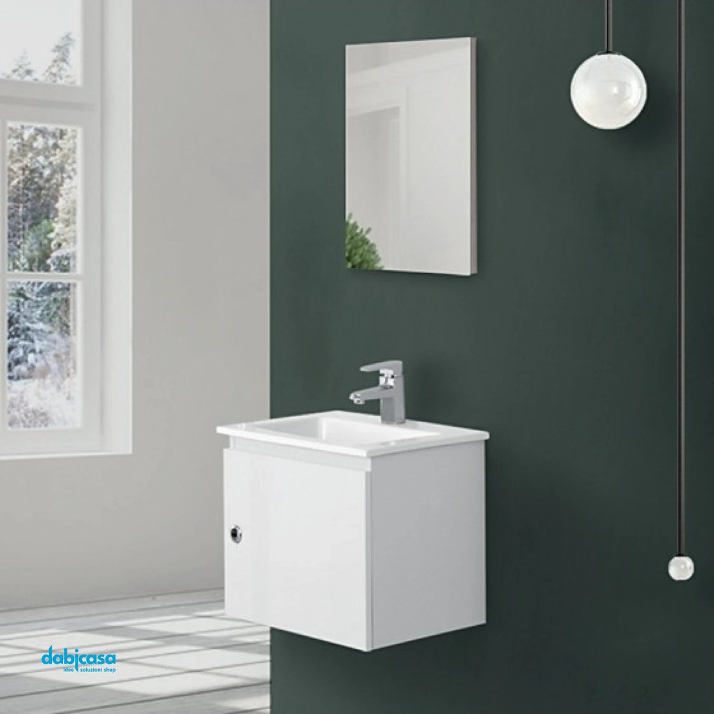 Mobile Bagno Sospeso "Si 50" Da 50 Cm Composto Da Un'Anta Lavabo E Specchio Finitura Bianco