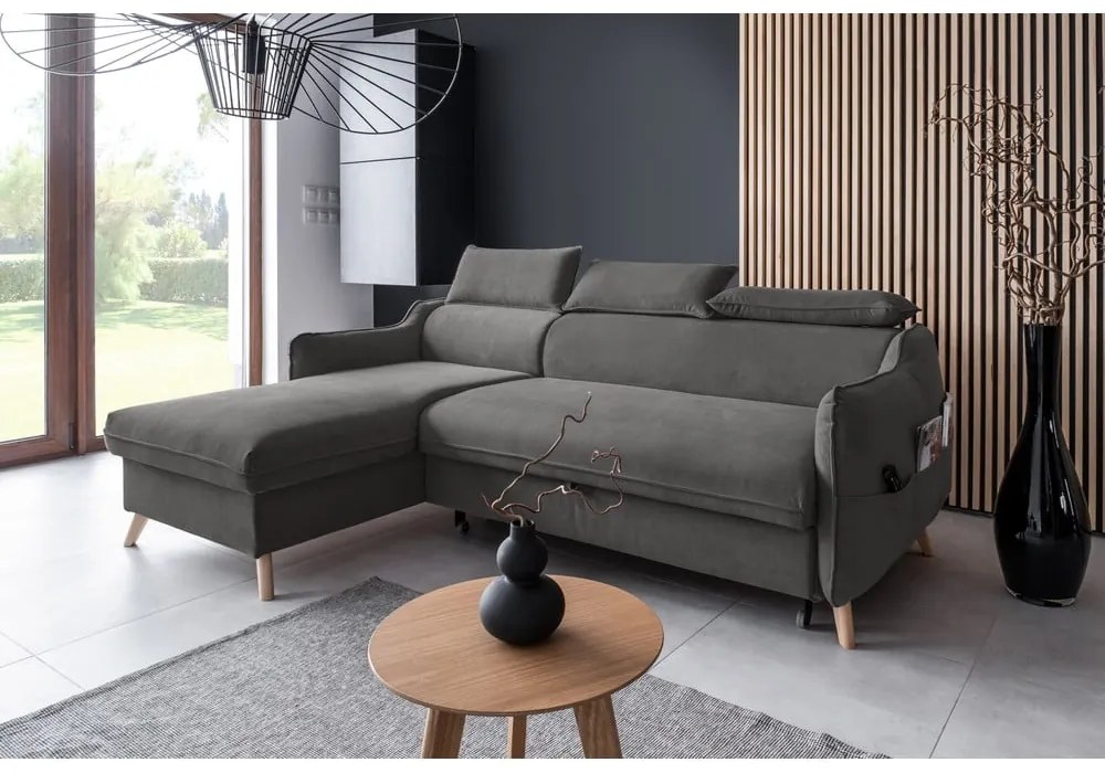 Divano letto angolare in velluto grigio scuro (angolo sinistro) Sweet Harmony - Miuform