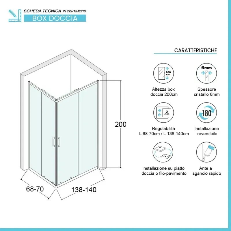 Box doccia angolare 70x140 cm doppio scorrevole in cristallo trasparente Ted