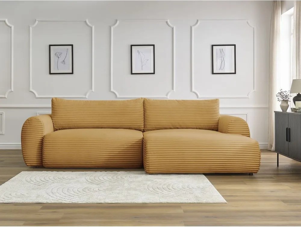 Divano angolare color senape allungabile (con penisola a destra) con rivestimento in velluto a coste Lucien – Bobochic Paris