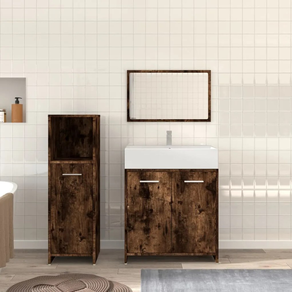 Set Mobili Da Bagno 3 Pz Rovere Fumo İn Legno Multistrato /
