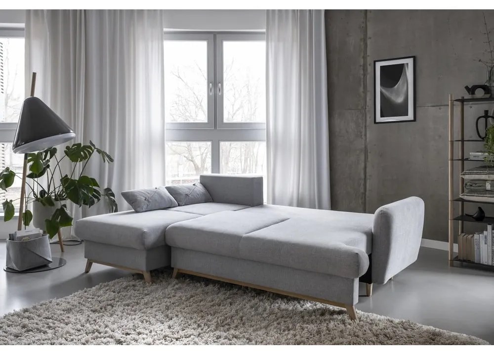 Divano angolare grigio chiaro allungabile/con contenitore (con penisola a sinistra/con chaise lounge) Scandic Lagom – Miuform
