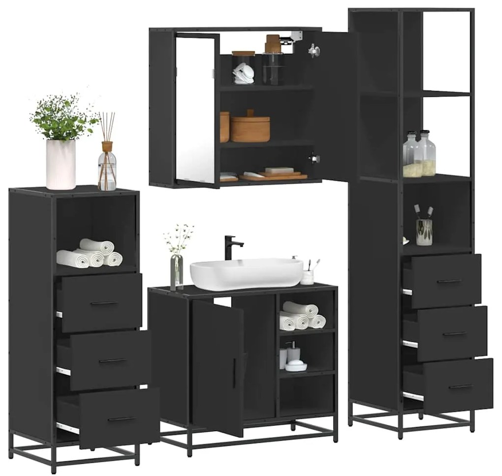 Set Mobili Da Bagno 4 Pz Nero İn Legno Multistrato /