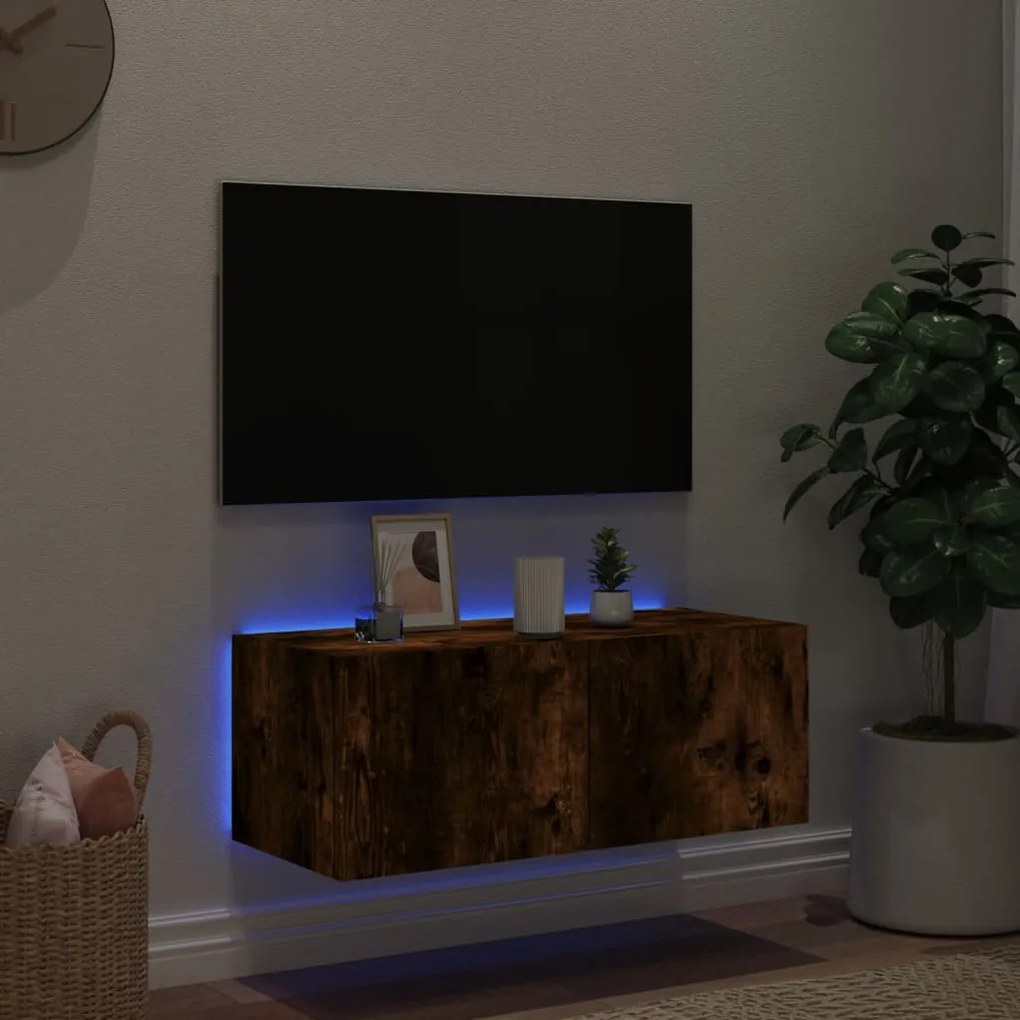Mobile tv a parete con luci led rovere fumo 80x35x31 cm