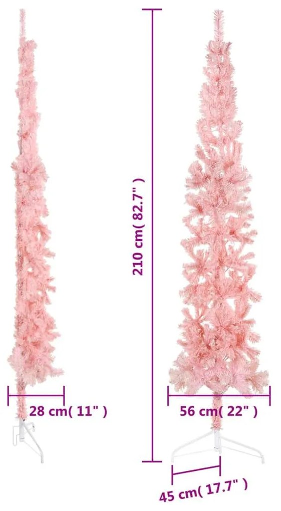 Albero Natale Artificiale Sottile a Metà con Supporto Rosa, 210 cm