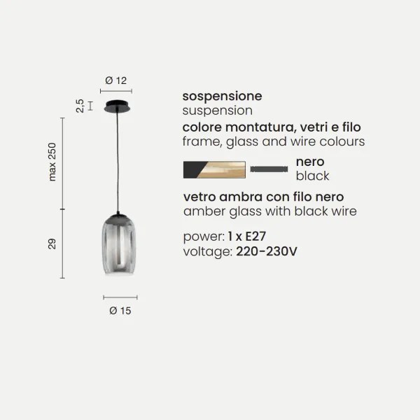 Lampada sospensione D15 cm - vetro soffiato Ambra BONNIE MOD3