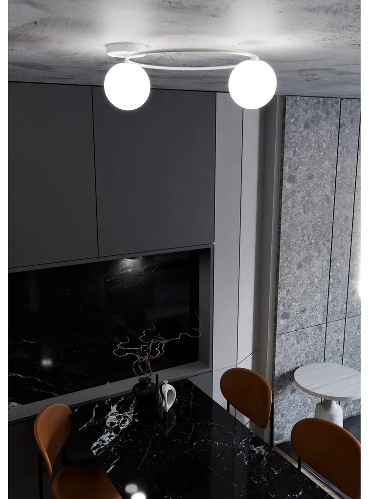 Plafoniera Minimal 2 Luci Perseo In Acciaio Bianco E Sfere In Vetro Bianco