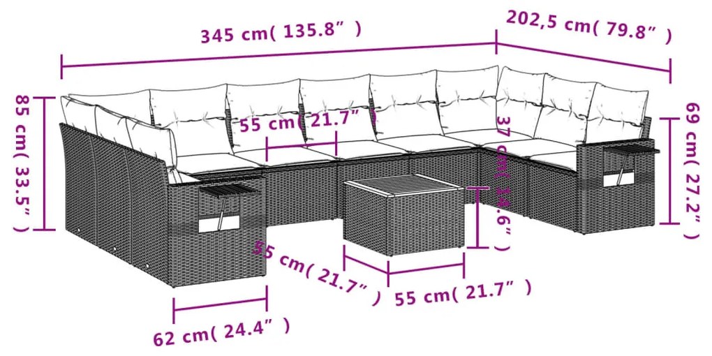 Set divani da giardino 11 pz con cuscini in polyrattan grigio