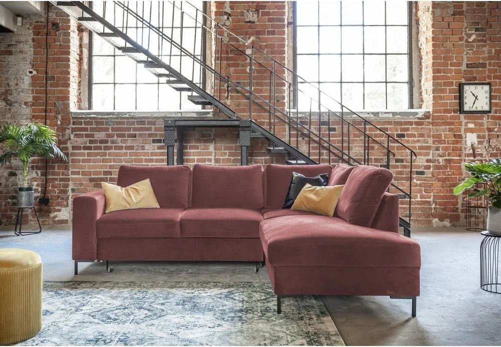 Divano letto angolare in velluto rosa (angolo destro) Lofty Lilly - Miuform