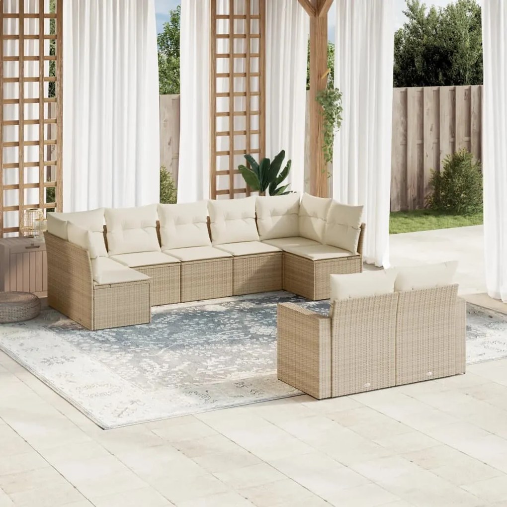 Set Divano da Giardino 9 pz con Cuscini Beige in Polyrattan