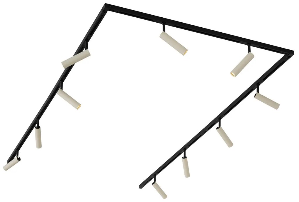 Sistema di illuminazione su binario moderno con 10 faretti beige e neri monofase - Slimline Uzzy