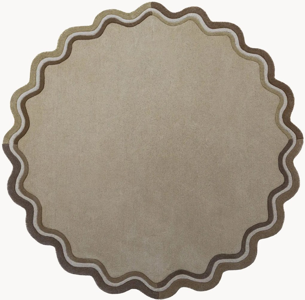 Tappeto rotondo in lana a pelo corto fatto a mano Leo Scallop Border