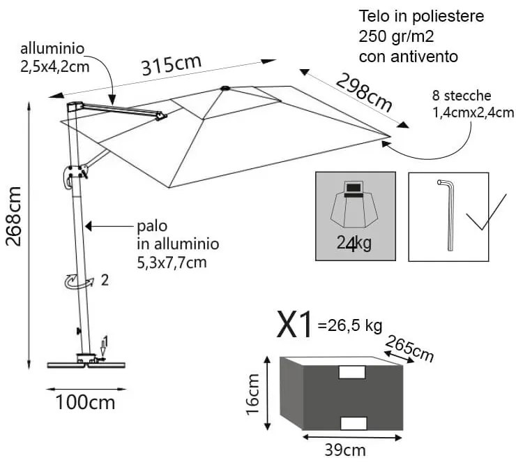 TESLA - ombrellone da giardino decentrato con led 3 x 4