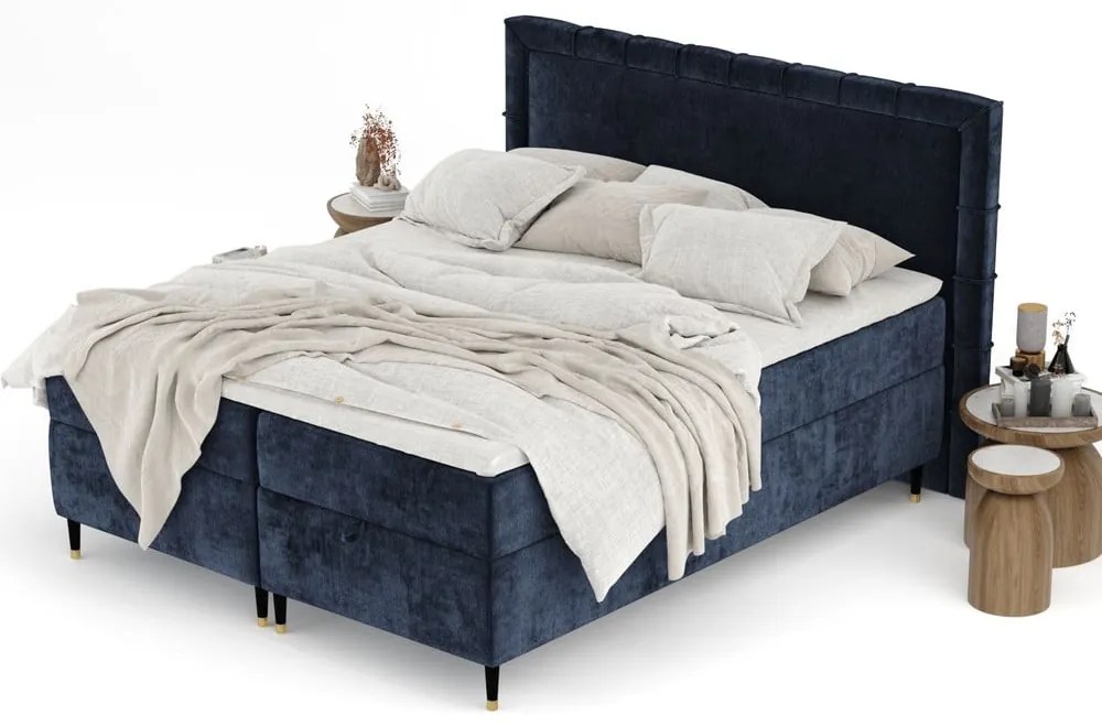 Letto boxspring blu scuro con spazio contenitivo 200x200 cm Voyage - Maison de Rêve
