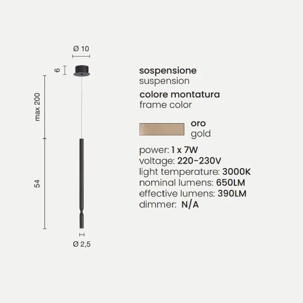 Lampada a sospensione LED in metallo verniciato Oro D10 cm TUBIC