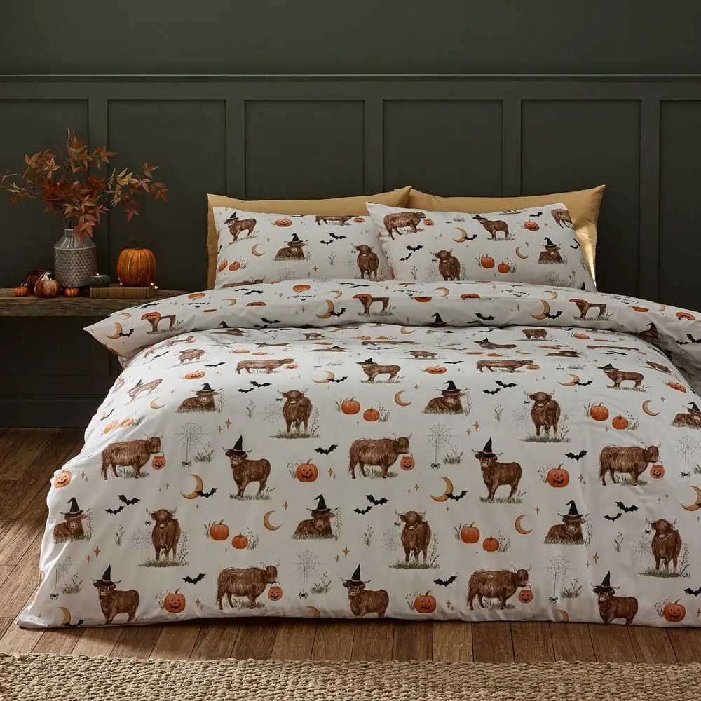 Set copripiumino e federa greige per letto matrimoniale e per letto esteso 230x220 cm Halloween Highland Cow – Catherine Lansfield