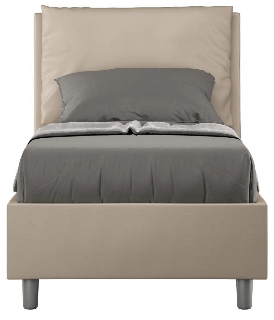 Letto singolo imbottito similpelle Antea senza rete, con rete e contenitore, Tortora / Con Rete