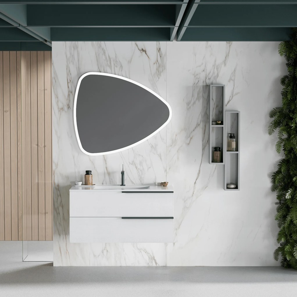 Mobile Bagno Sospeso 100 Cm Due Cassetti Specchio Con Illuminazione Led 100x85 Cm Savini Due "Oikos" Bianco Alaska
