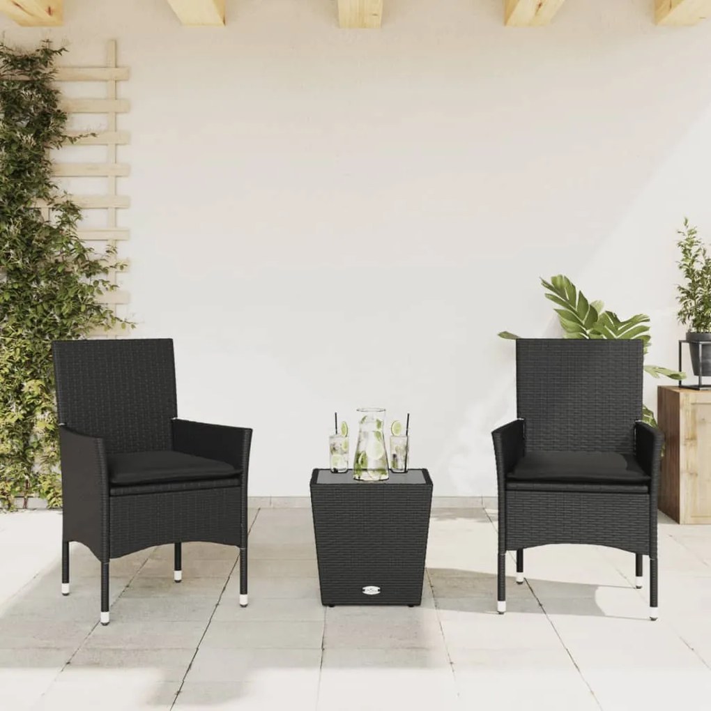 Set Da Bistrò 3 Pz Con Cuscini Nero Polyrattan E Vetro /