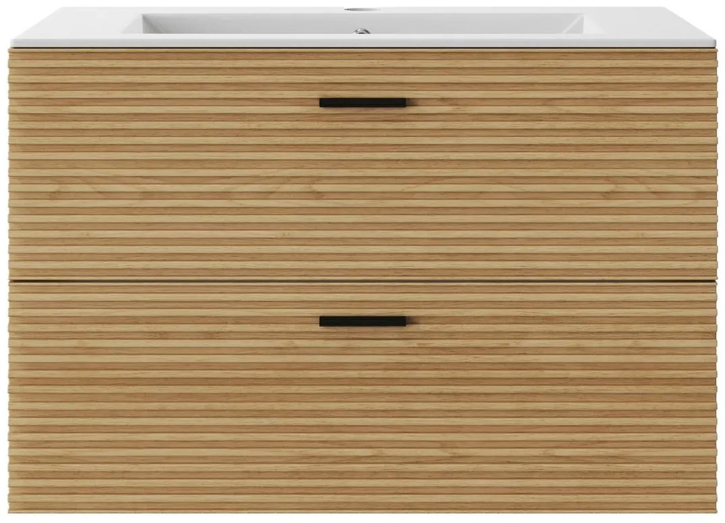 Mobile bagno sospeso striato con lavabo da incasso - 2 cassetti - Rovere naturale chiaro - 80 cm - SARONE