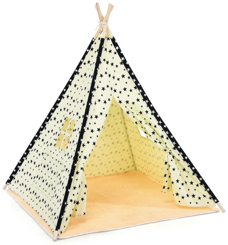 Costway Tenda tepee in cotone per bambini, Tappetino pieghevole con finestre e tasca 122 x 117,5 x 150 cm Naturale