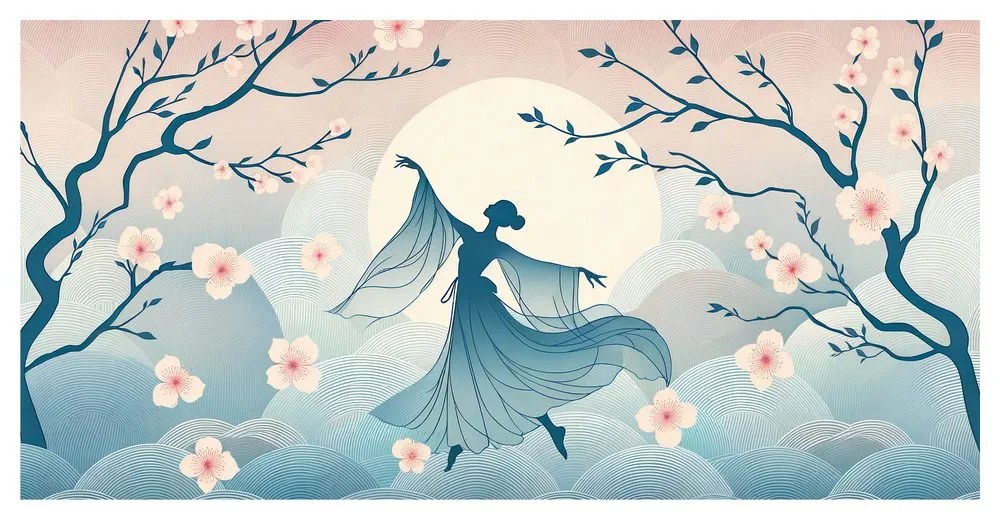 Quadro su tela – Sagoma di ballerina tra i ciliegi in fiore