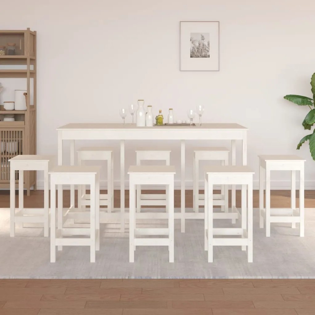 Set Da Bar 9 Pz Bianco İn Legno Massello Di Pino /