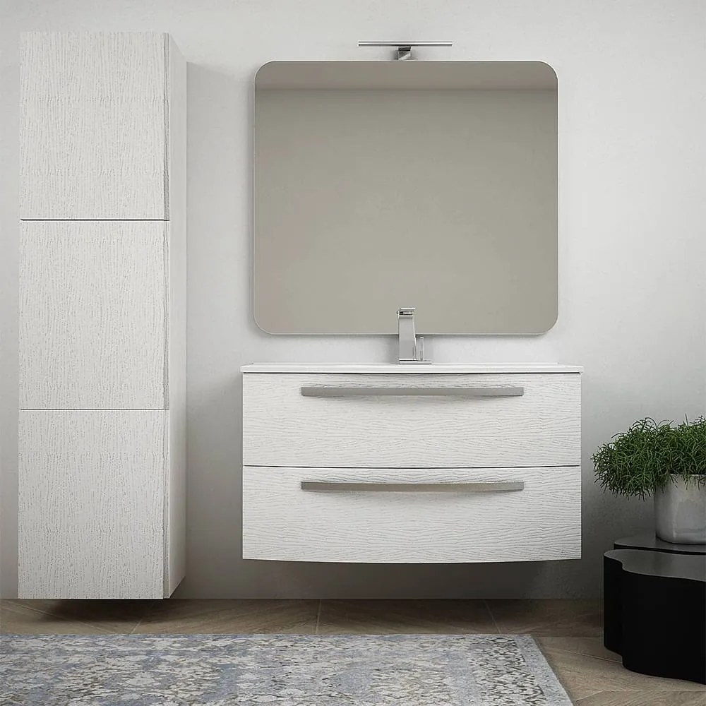 Mobile bagno bianco frassino sospeso curvo 100 cm con colonna tre ante specchio e lavabo Mod. Berlino