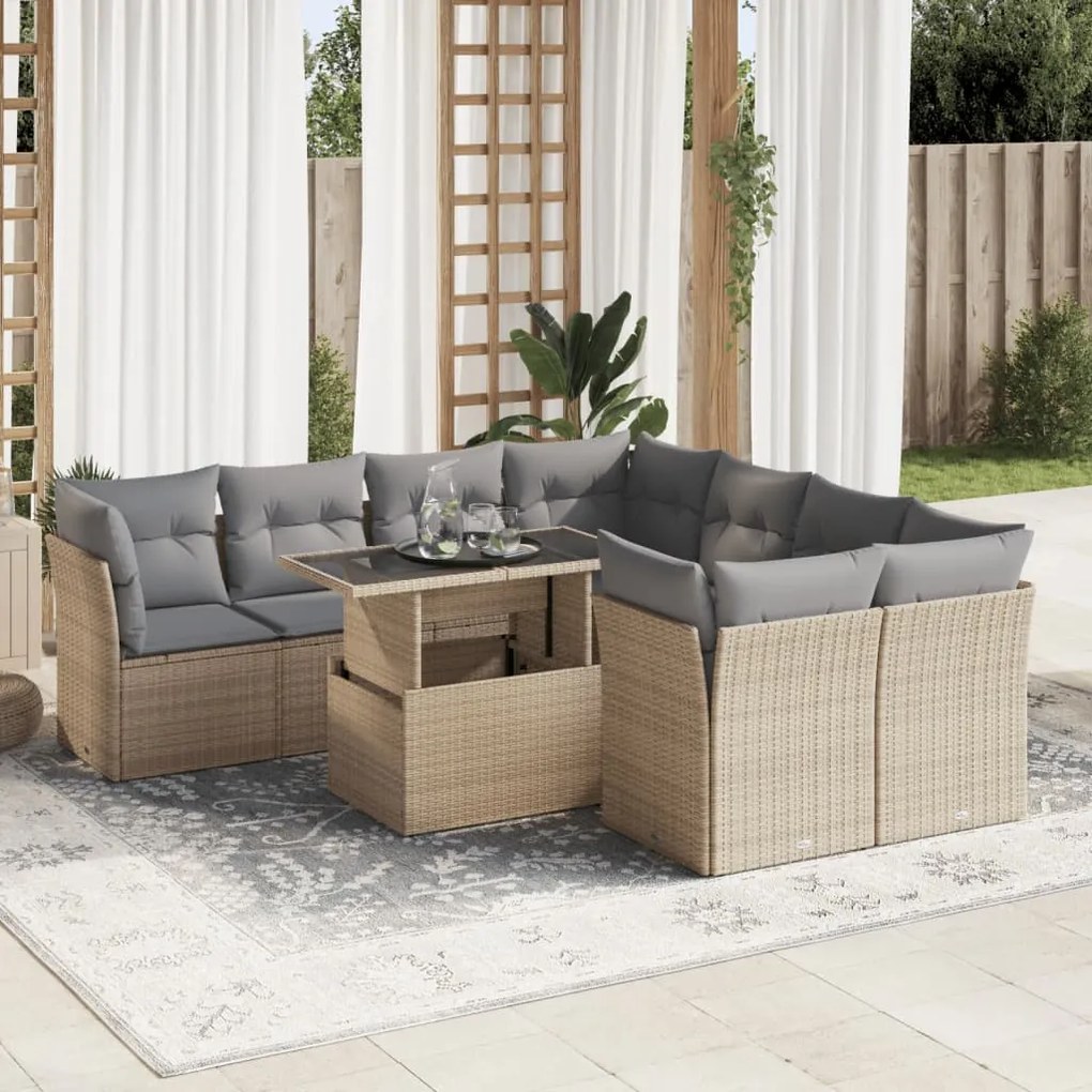 Set divano da giardino 9 pz con cuscini beige in polyrattan