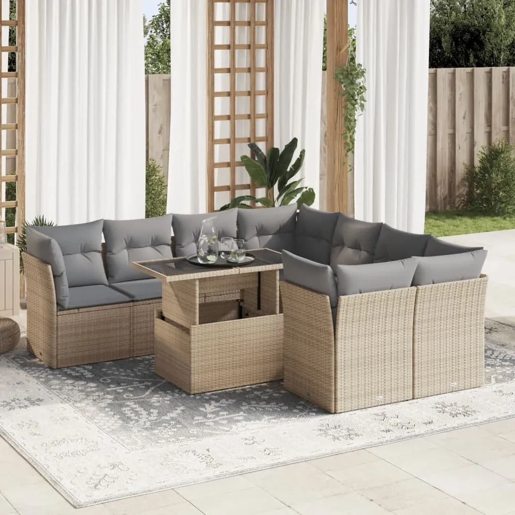 Set divano da giardino 9 pz con cuscini beige in polyrattan