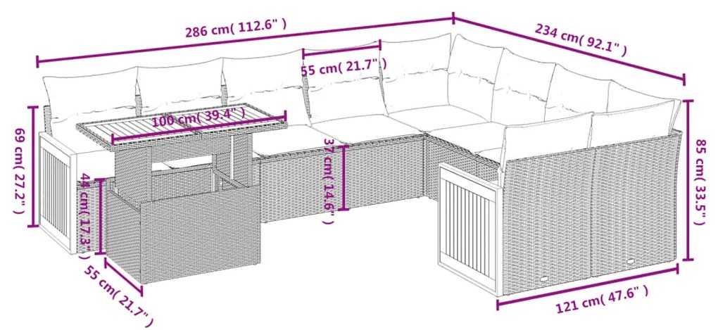 Set divani da giardino 10pz con cuscini in polyrattan nero