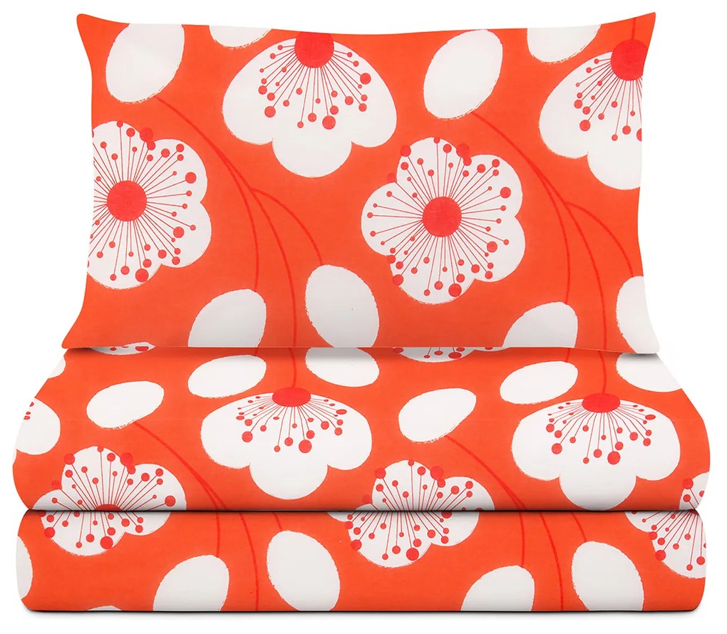 Completo letto singolo corallo fiori bianchi