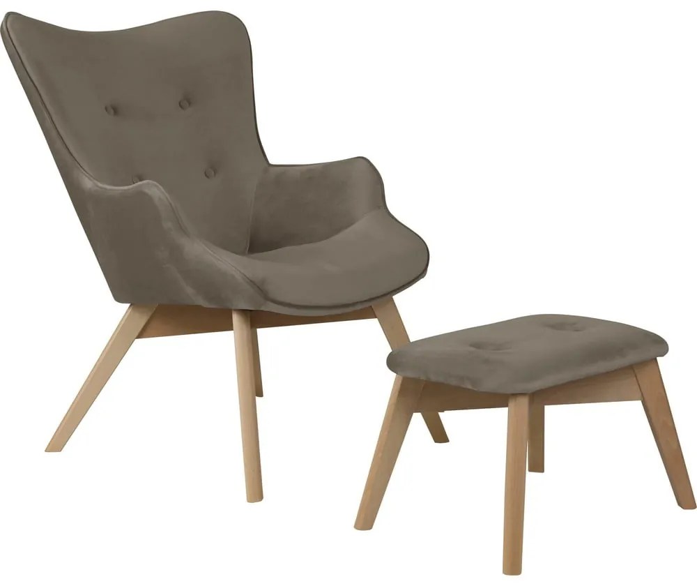 Poltrona con poggiapiedi marrone chiaro con rivestimento in velluto Niko – Ropez