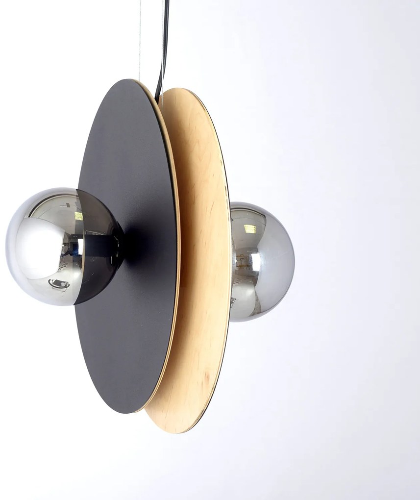 Sospensione Minimal Nordica Brigid 2 Luci In Acciaio Nero E Legno Vetro Fumè